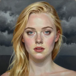 professional painting of Elle Fanning in the style of Martine Johanna, head and shoulders portrait, symmetrical facial features, smooth, sharp focus, illustration, intricate, stormy weather, extremely detailed masterpiece,