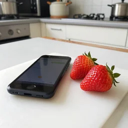 mobile photo of few strawberries lie on a сhopping board, kitchen background, android cameraphone, 2 6 mm