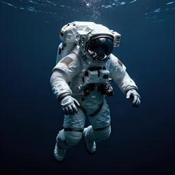 concept art by david cronenberg in the dark underwater diver astronaut underwater futuristic dark and empty spaceship. complex technical suit design. reflection material. rays and dispersion of light breaking through the deep water. trend artstation, 3 5 mm, f / 3 2