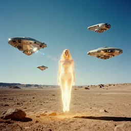 levitating glowing bene gesserit in a dry rocky desert landscape, visible sky and sunny atmosphere, fata morgana giant mirrors, mega spaceships in the sky by alejandro jodorowsky, christopher doyle, anamorphic lens flares, kodakchrome, portra, cinematic composition, practical effects, 8 k,
