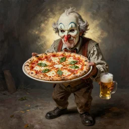 wrinkled! old wrinkled man with long nose wearing pulcinella mask, with a pizza! margherita di napoli, with a beer, menacing appearance, dramatic backlight, full body, wide angle, ultrafine detailed painting by joe fenton, trending on deviantart, masterpiece, more coherent
