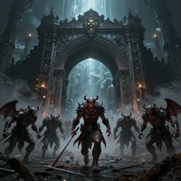 horde of demons exiting the demon portal on it's way to fight for their lives, 4k