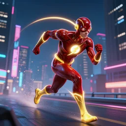 the flash running through a neon city, 8k, artstation,