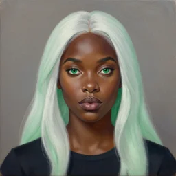 a detailed matte oil on canvas head on symmetrical portrait of black skinned woman with! long white hair! and ( pale green ) hair, green eyes, wearing a dark cotton shirt by charlie bowater, lise deharme, wlop, trending on artstationhd, dungeons and dragons art critical role