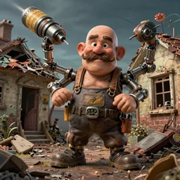 grumpy chunky bald handyman on a bad acid trip with mechanical drill arms, moustache, in a wrecked home, full body, hyperrealistic digital art masterpiece, highly detailed neo pop surrealism, jason limon kay sage hannah yata, dramatic lighting, low angle, uhd 8 k, sharp focus
