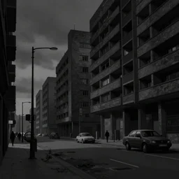berlin street scene, 1 9 8 0, dystopian brutalist architecture, dark light, ominous mood, high detail, limited colour palette, illustration, by sparth