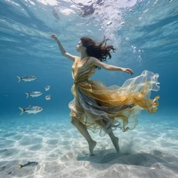 a woman wearing a dress made of many very long layers of thin sheer gold and silver fabrics flowing in the fast current waltzes underwater on the sandy sea bottom, swirling schools of silver fish, bubbles, swirling smoke shapes, octane render, bright caustics lighting from above, cinematic