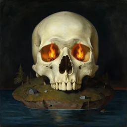 isle of the dead by arnold bocklin. giant skull sitting on island with fire in its eyes. oil on wood.