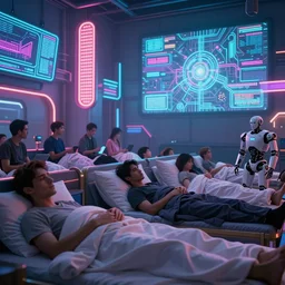 a scene of ( a crowd of people ) waking up, futuristic neon signs, ( robot cyborgs ), ( ( led panel screens and projections ) ), ( ultra realistic ), dynamic lighting, octane render, ( ( vertical led lighting ) )