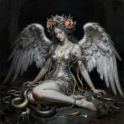 single figure, occult, flower crown, fallen angel, pearls, chains, serpent, gilded, leather, bismuth, style mix of peter chung, shepard fairey, botticelli, vatican, pre - raphaelites, shoujo manga, dramatic dark atmosphere, oil slick, superfine inklines, ethereal, 4 k photorealistic