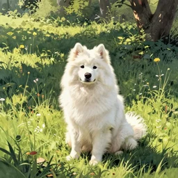 a samoyed dog sitting in the middle of sunny meadow, by Joe Kubert