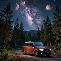 psychedelic, trippy, dodge grand caravan, pine forest, milky way, planets, cartoon by rob gonsalves