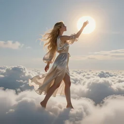 realistic scene of 1 mysterious woman in silky clothes with long golden hair walking on a clouds trying to touch the sun, detailed, 1 4 5 0, delicate, hyper realism, ultra realistic, 8 k