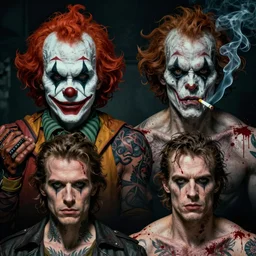4 k headshot of scary godlike psychedelic clown smoking a cigarette from macfarlane comics, tattoos by craig mullins, ilya kuvshinov, indomitable, wild hair, krenz cushart, blood spatter, muscular, symmetry accurate features, epic, artgerm trending on artstation by edward hopper and dan mumford and wlop and rutkovsky, beksinski carl spitzweg