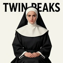 Twin Peaks movie poster artwork by Michael Whelan and Tomer Hanuka, Rendering of Emma Watson dressed a nun sitting at a diner booth, from a scene from Twin Peaks, clean, full of detail, Matte painting, trending on artstation and unreal engine