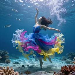 woman dancing underwater wearing a flowing dress made of many translucent layers of blue, magenta, and yellow lace seaweed, delicate coral sea bottom, swirling silver fish, swirling smoke shapes, unreal engine, caustics lighting from above, cinematic, hyperdetailed
