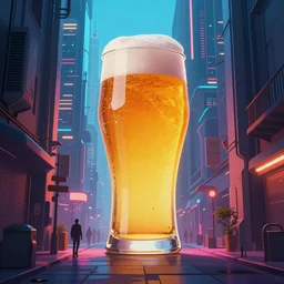 a beautiful and immaculate futuristic city. the silhouette of an oversized pint of beer standing in an alleyway. vaporwave ombre rendering. outrun style. trending on artstation. recommended for you behance. by chris moore. by edward hopper. beeple colors.