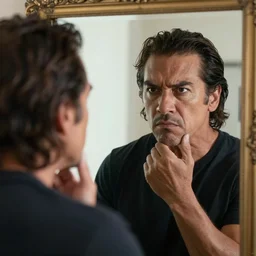 danny trejo looking at the mirror with angry face, realistic, 4 k, trending