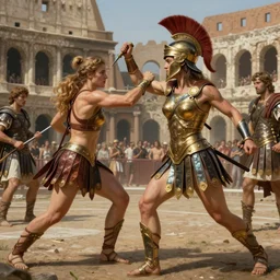 muscular warrior women, spartan warrior women, clashing in gladiatorial arena, roman coliseum, roman emperor watching, art by jacques - louis david