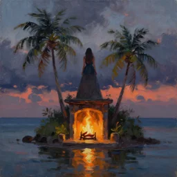 a very very small island! beautiful woman!! fireplace!! palm trees, dark very late evening cloudy sunset, dramatic and dynamic lighting, thick brush strokes oil impasto painting