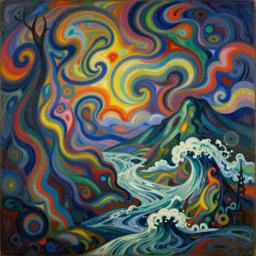 An insane, modernist landscape painting. Wild energy patterns rippling in all directions. Curves, organic, zig-zags. Mountains, clouds. Rushing water. Waves. Psychedelic dream world. Odilon Redon. Andre Derain.