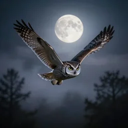 owl flying at night through fog in the forest lit by the full moon