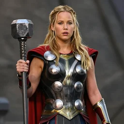 Jennifer Lawrence as the Mighty Thor, holding Mjolnir, film still from 'Thor'