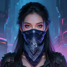 closeup portrait shot of cyber a beautiful girl wearing a bandana mask in a scenic dystopian neon environment, intricate, elegant, highly detailed, centered, digital painting, artstation, concept art, smooth, sharp focus, illustration, artgerm, tomasz alen kopera, peter mohrbacher, donato giancola, joseph christian leyendecker, wlop, studio lighting