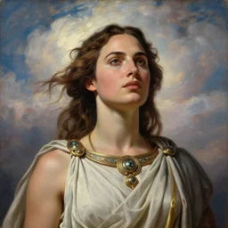 Head and shoulders masterpiece portrait oil painting of the beautiful goddess Gal Gadot as Atenea, she is wearing roman clothes and a surreal jewelry, her hair is natural disheveled, she is approaching heaven over the clouds, naturalism, dramatic lighting, high-detailed oil painting by Ilya Repin, Michelangelo da Caravaggio, William Blake, Alex Grey and Beksinski, trending on Artsation, hystorical painting, naturalism, masterpiece, 4k, 8k,