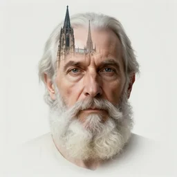 portrait photo of an old bearded mystic'face merging with a cathedral building, etheric, emotionally evoking symbolic metaphors, head in focus, ornamental, intricate, elegant, golden ratio, sharp focus, art by ernst haeckel, h. r. giger, john william godward, gustav klimt,