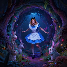 dark colourful neon, digital art, a young man who is trapped in a dream, down a rabbit hole like alice in wonderland