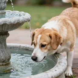 a photo of a dog drinking from a fountain