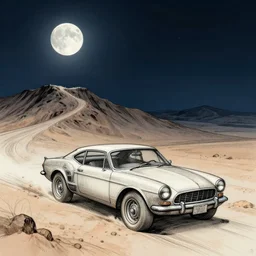 car driving up mountain at night with moon in the sky, desert, old car, sketch, concept art, fantasy, intricate, highly detailed, digital painting, elegant
