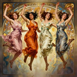 hyperrealist group photo of 4 women of various ethnic backgrounds jumping together. by jeremy mann and alphonse mucha, fantasy art, photo realistic, dynamic lighting, artstation, poster, volumetric lighting, very detailed faces, 4 k, award winning
