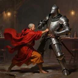 digital painting of a small monk with a red cloak punching a large knight in his stomach in the middle of a bar brawl, digital art, dynamic lighting