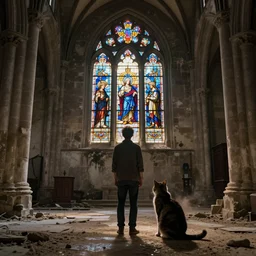 back view of man and cat watching lights through stained glass in an abandoned church, cobwest, dusty place, hyperdetailed, artstation, cgsociety, 8 k