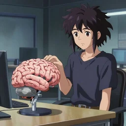 cyberpunk curly - haired persian programmer next to an artificial brain on a stand, artstation, by makoto shinkai