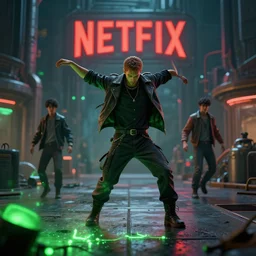 tarkan dancing, lcgsociety, green lights in the foreground and a netflix sign in the background, dystopian art, by industrial light and magic, vfxfriday, 3 d render 8 k, detailed