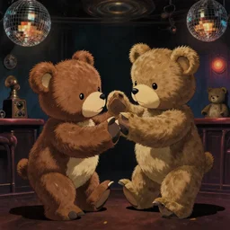 a disco night club, several teddy bear hurting each other, dark retro lighting, darkly playful color scheme, intricate details, matte painting, illustration, by hayao miyazaki