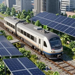 Solarpunk train, city, overgrown, solar panels, Octane Render, detailed,  trending on ArtStation