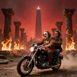 robin williams on a motorcycle, rescue mission, necropolis, john candy passenger, clown makeup, excited expression, burning basalt columns, sentient obelisk horizon, hazy red sky, rock atmosphere ceiling, dantes inferno, photo