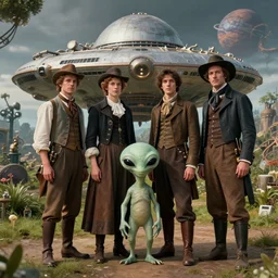 detailed, sharp, a human family of four standing with their cute pet humanoid alien creature, wearing 1850s era clothes, in front of a spaceship in a park on an strange alien planet, steampunk, extremely highly detailed, hyperrealistic, highly detailed faces, 70 mm still from a period sci fi color movie, 4k