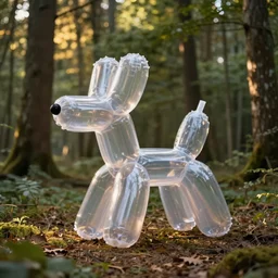 an inflatable joan miro balloon dog made of clear plastic sheeting. the miro balloon dog sits at the edge of a forest. ultra wide shot, octane render, subsurface scattering, golden hour, 8 k, photorealistic