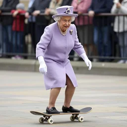 queen elizabeth riding a skateboard