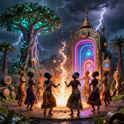 african women dancing around a glowing, energized, steampunk neon portal near the electric dragontree of life in a lightning storm, by greg rutkowski and justin bua. oil on canvas, afropunk!!, afrofuturism, detailed and intricate environment, global illumination, radiant lighting. highly detailed. masterpiece