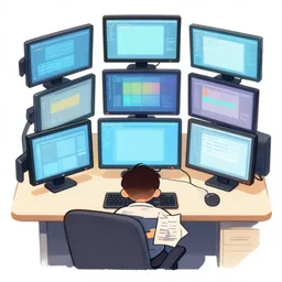 anime drawing, a man at a desk with ten different computer monitors, his face flat on the keyboard, sound asleep