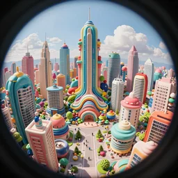 Bustling vivid utopian city reimagined by Max Hay, fisheye lens!!!, 100mm photography, trending on artstation, 4k, 8k, lens distortion, chromatic aberration, soft focus blur, photorealistic imagery, photorealistic details, intricate, highly detailed, artstation 3d, artstation render, artstation 3d render, 3d art, unreal engine 3d, octane 3d, blender 3d, 3d landscape