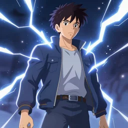 an epic anime of a man surrounded by lightning bolts, big jacket, ghibli, unreal 5, octane render, rpg portrait, dynamic lighting, epic, epic anime, 2 d