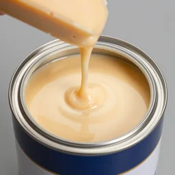 Can of paint, with bubbling cheese inside, product photo