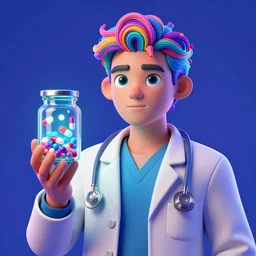 intricate poster pop render art 3D color psychedelic portrait of a doctor holding a jar of illuminated pills floating inside